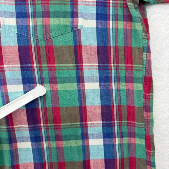 VTG 1980s Eddie Bauer Superior Madras Plaid Button Up Shirt SS Mens XL Preppy - Picture 13 of 13